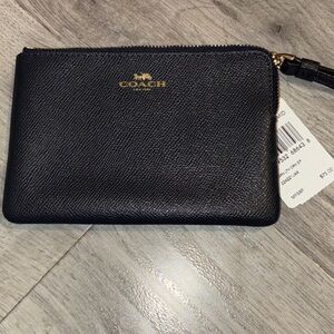 Coach Navy Black Leather Zip Wristlet with Gold Logo